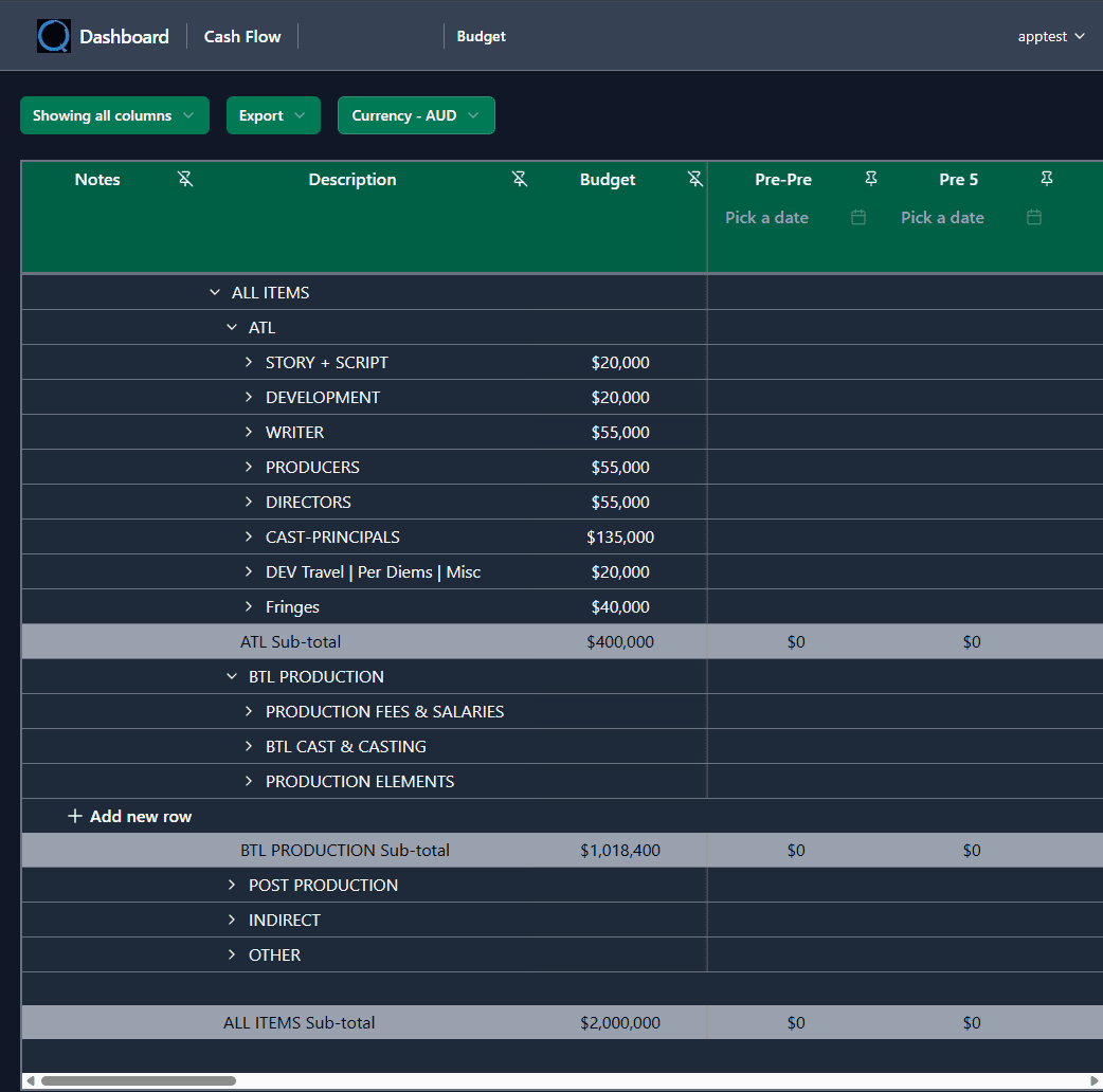 Cashflow interface showing week-by-week production phase projections