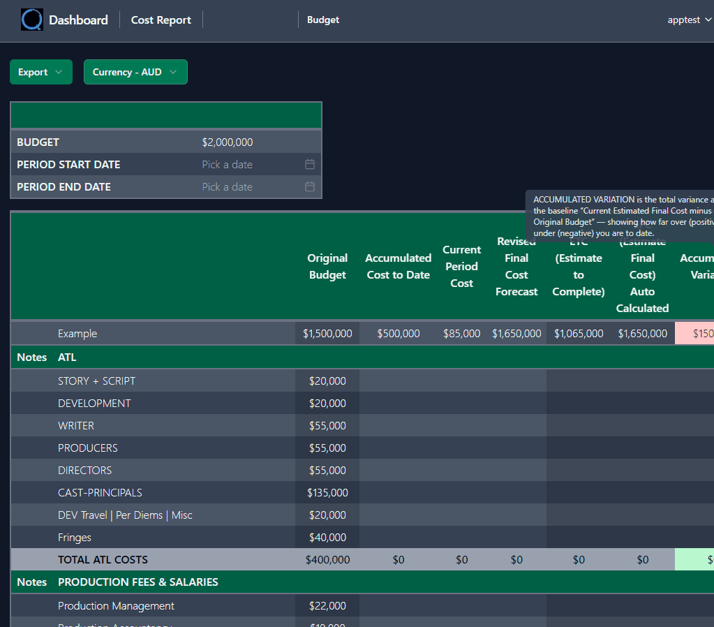 loqyn Cost Report interface showing budget vs actuals variance analysis across production categories