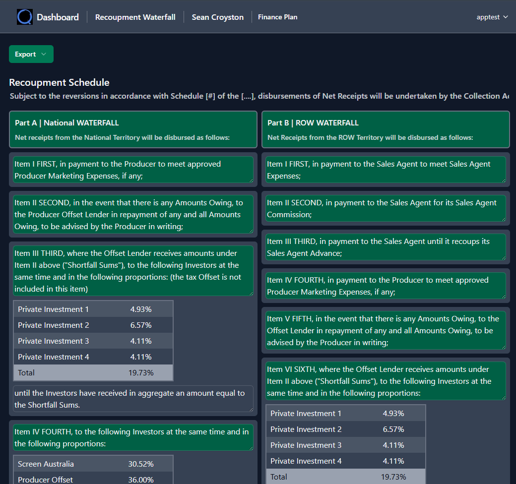 loqyn recoupment waterfall interface